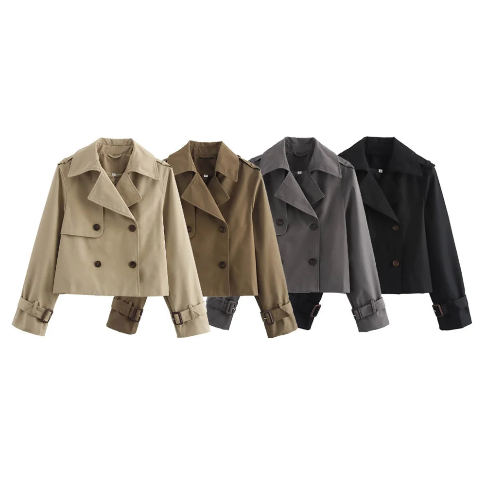 Women's Vintage Cropped Trench Coat | Double Breasted Streetwear Jacket | All Season | MOXFCIZO