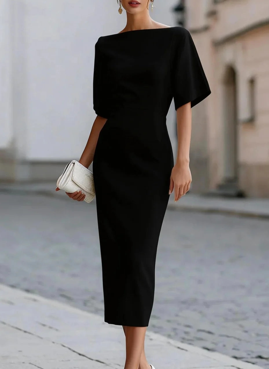 Elegant Slash Neck Midi Dress – Fitted Waist | Women's Formal & Party Wear
