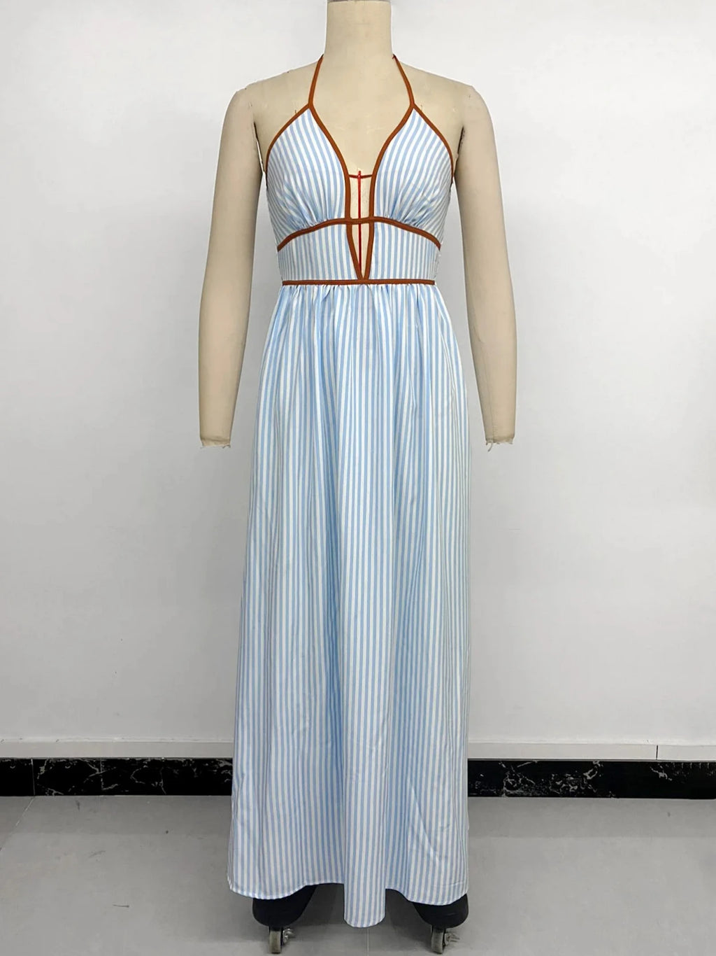 Striped Backless Halter Maxi Dress – Sexy Sleeveless Beach Party Dress for Women