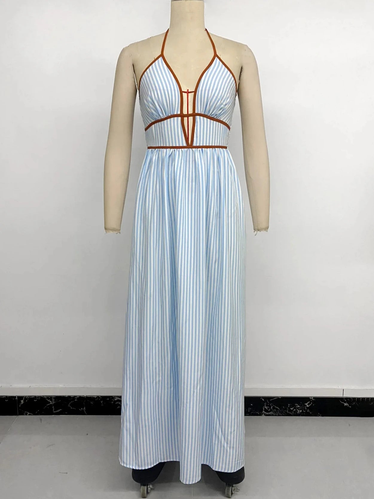 Striped Backless Halter Maxi Dress – Sexy Sleeveless Beach Party Dress for Women