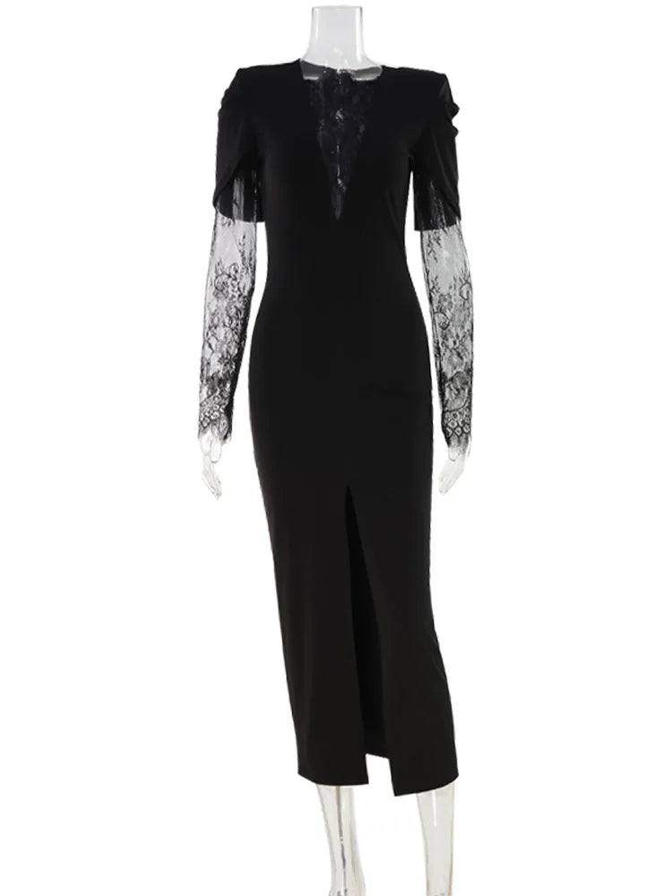 Women's Black Lace Velvet Sheath Dress – Long Sleeve Split Slim Party Dress