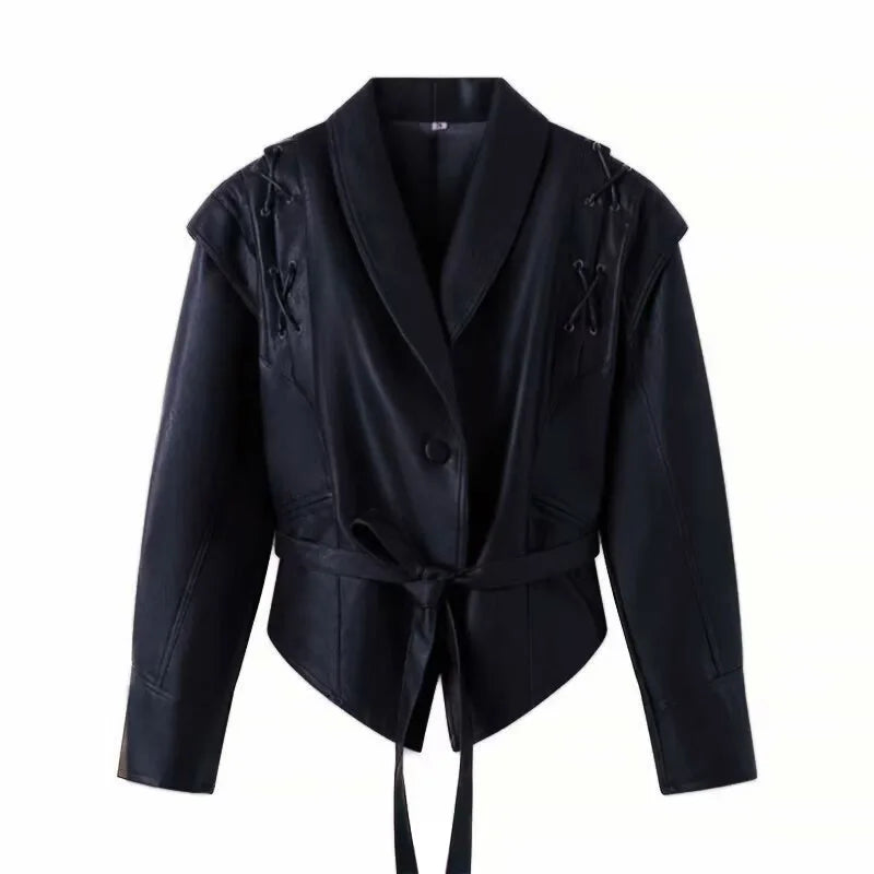 Women's Faux Leather Belted Jacket | Lapel Lace-Up Vintage High Street Coat | Autumn Winter