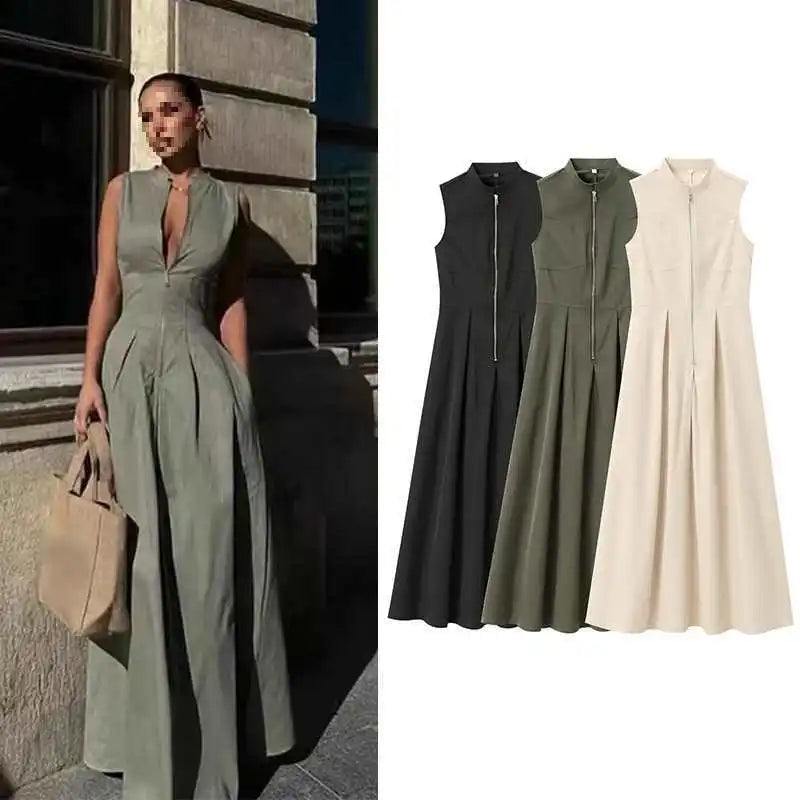 Women's French Style Sleeveless Maxi Dress – Elegant Ankle-Length Street Chic