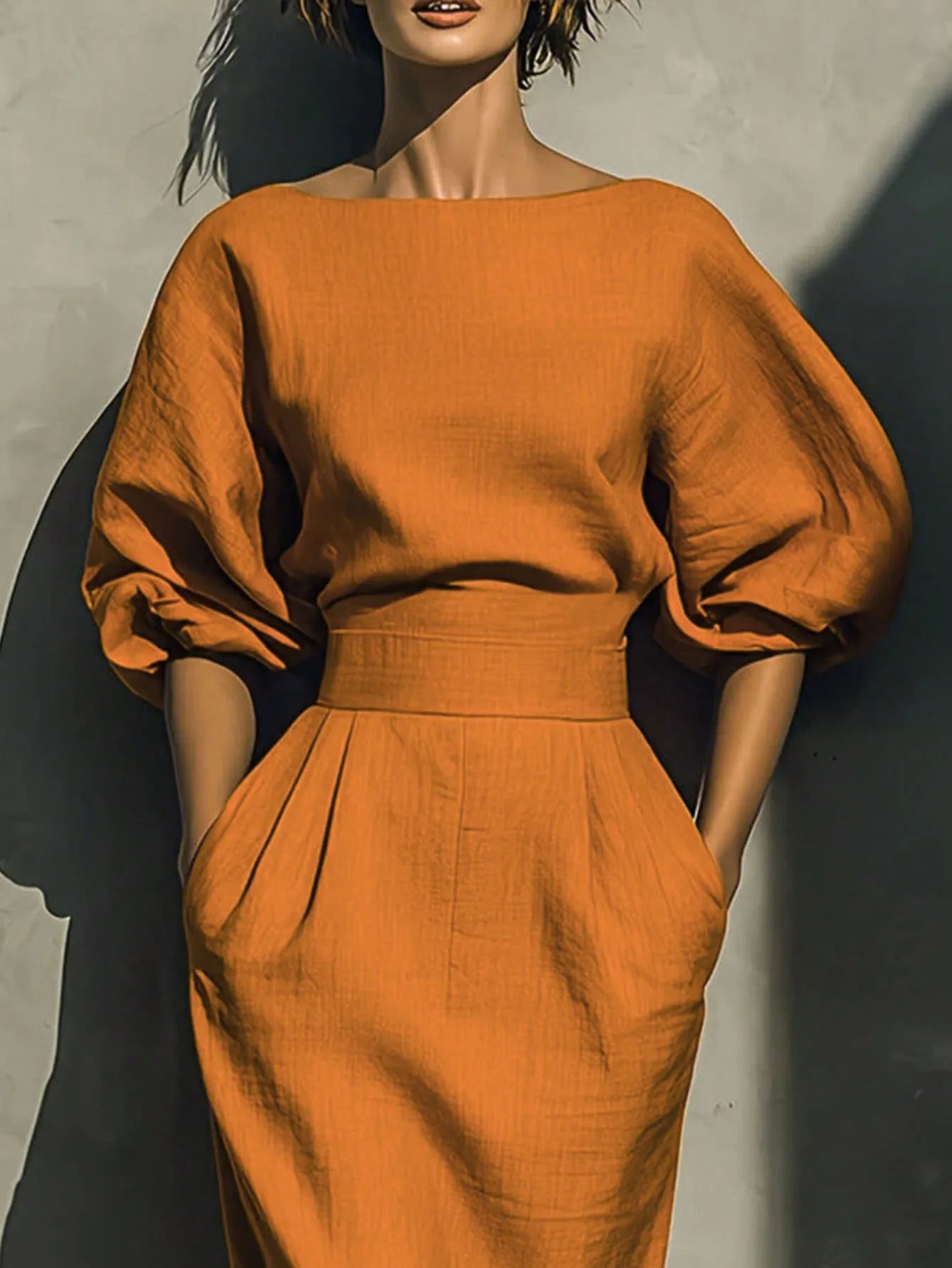 Women's Lantern Sleeve Midi Dress – Fit & Flare Empire Waist Casual Dress
