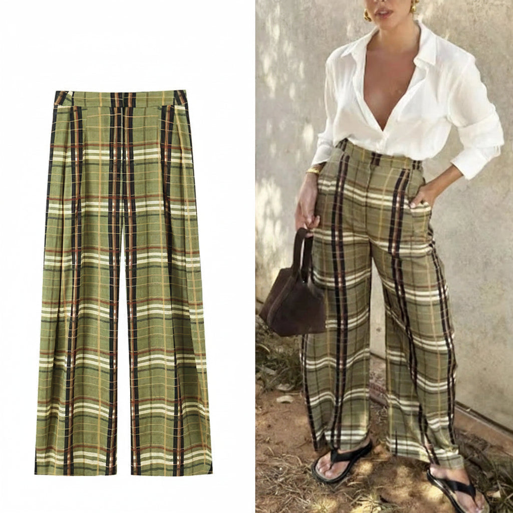 Women's Plaid Wide Leg Pants | Vintage Baggy Pleated Trousers | Mid Waist Casual | MUJER