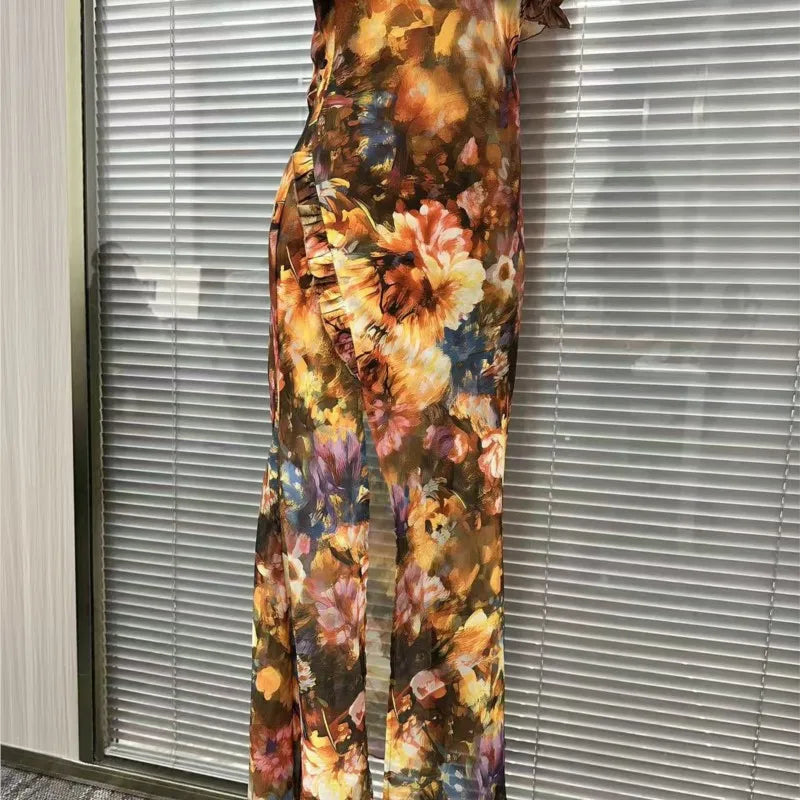 Boho Floral Maxi Dress – Square Neck Ruched Bodycon Long Dress for Women