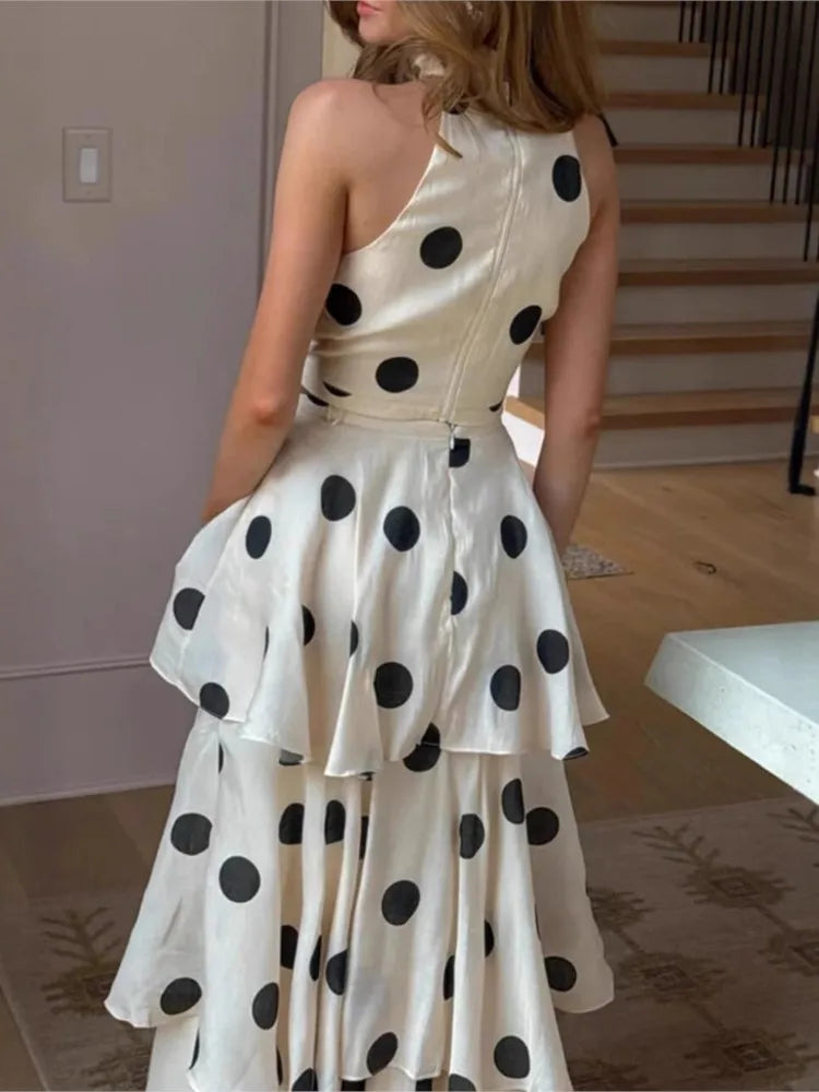 Women's Polka Dot Two-Piece Set – Halter Crop Top & Maxi Skirt | Summer Fashion