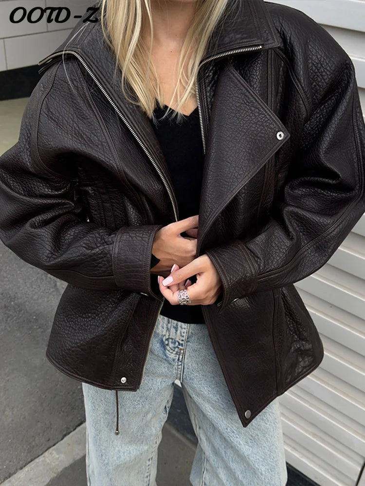 Women's Textured PU Leather Jacket | Urban Lapel Asymmetric Loose Biker Coat | Autumn Winter