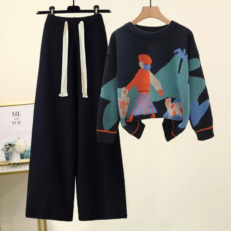 Women's Knitted Sweater & Wide Leg Pants Set – Loose Casual 2-Piece Autumn Outfit