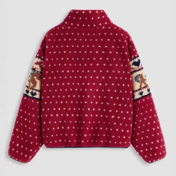 Women's Plush Christmas Print Jacket | Long Sleeve Zipper Pocket Woolen Coat | Autumn Winter
