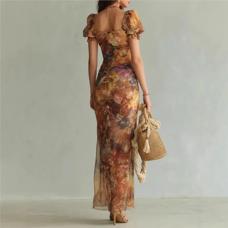 Boho Floral Maxi Dress – Square Neck Ruched Bodycon Long Dress for Women