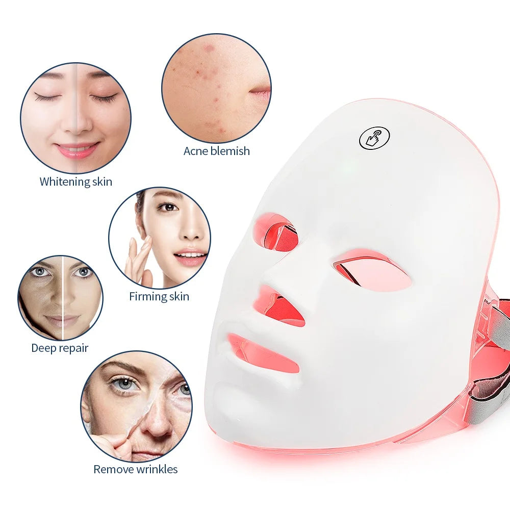 Máscara Facial LED 7 Cores Recarregável para Rejuvenescimento Lifting e Clareamento da Pele