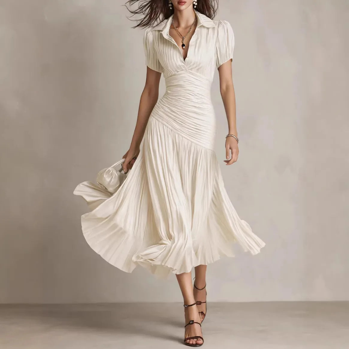 Striped A-Line Maxi Dress – Short Sleeve High Waist Slim Long Dress for Women
