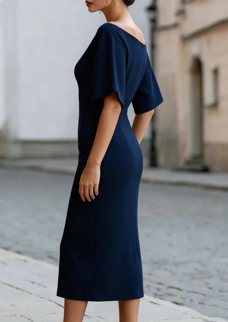 Elegant Slash Neck Midi Dress – Fitted Waist | Women's Formal & Party Wear