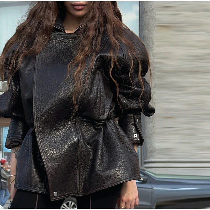 Women's Textured PU Leather Jacket | Urban Lapel Asymmetric Loose Biker Coat | Autumn Winter