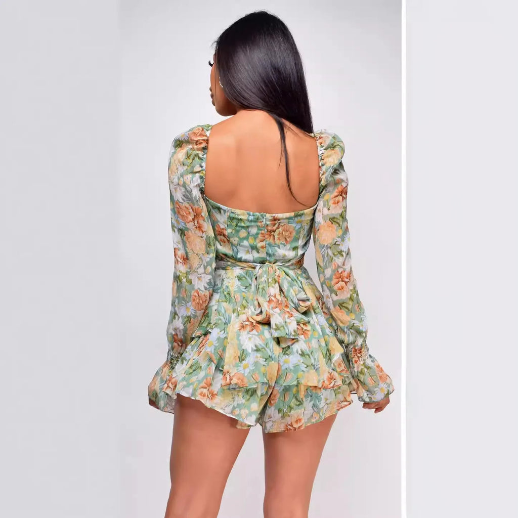 Floral Print Ruffled Jumpsuit – Square Collar Long Sleeve | Women's Casual Versatile Playsuit
