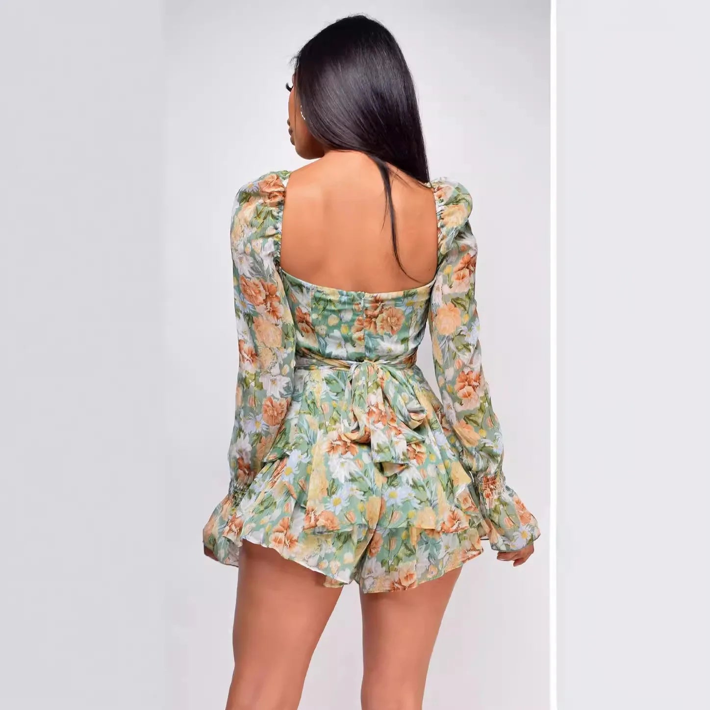 Floral Print Ruffled Jumpsuit – Square Collar Long Sleeve | Women's Casual Versatile Playsuit