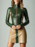 Women's Green Faux Leather Mini Dress – Turtleneck Half Zip Colorblock Streetwear Dress | Autumn Winter