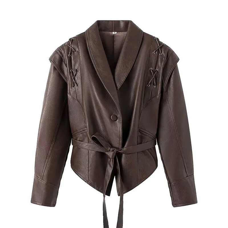 Women's Faux Leather Belted Jacket | Lapel Lace-Up Vintage High Street Coat | Autumn Winter