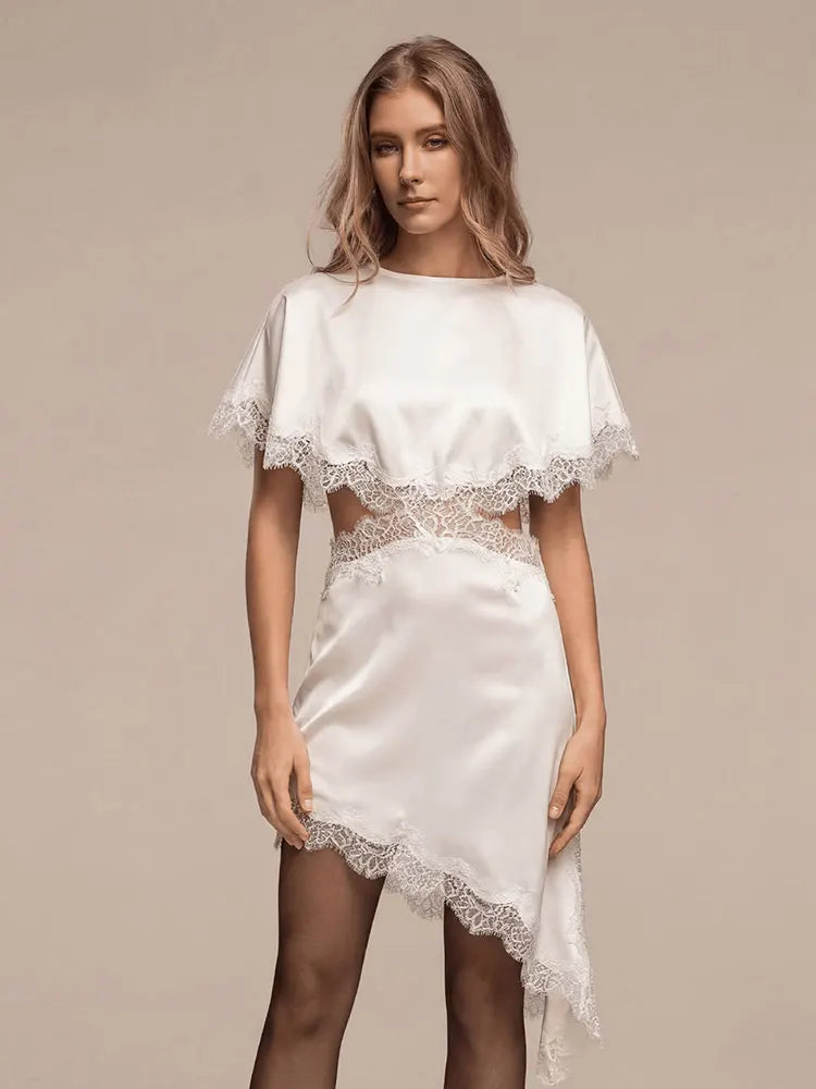 Lace Trim Cutout Asymmetrical Midi Dress – Hollow Out Cloak Sleeve | Women's Elegant Sexy Club Wear