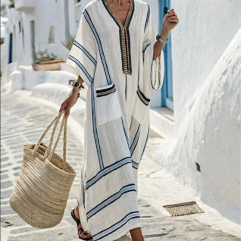 Stripe Print Pocket Maxi Dress – Loose V-Neck Short Sleeve | Women's Holiday & Office Wear