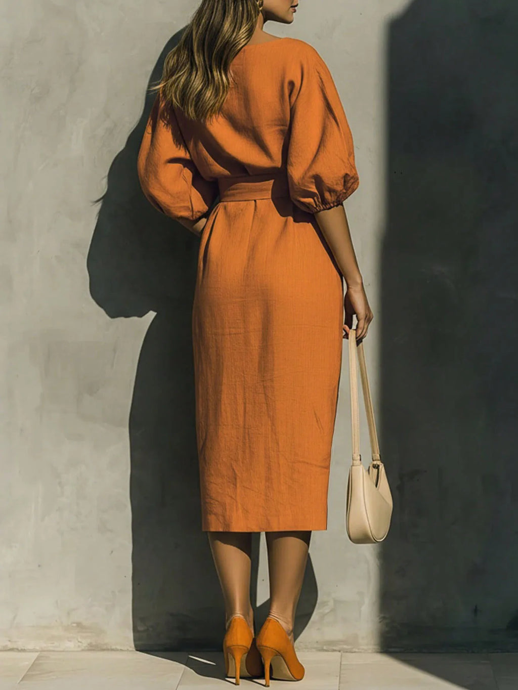Women's Lantern Sleeve Midi Dress – Fit & Flare Empire Waist Casual Dress
