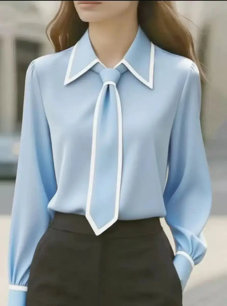 Tie Lapel Long Sleeve Shirt – Casual Regular Fit | Women's Elegant Office & Everyday Wear