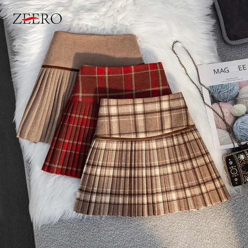 Women's Plaid Woolen Pleated Mini Skirt – High Waist Preppy Y2K Korean Style | Autumn Winter