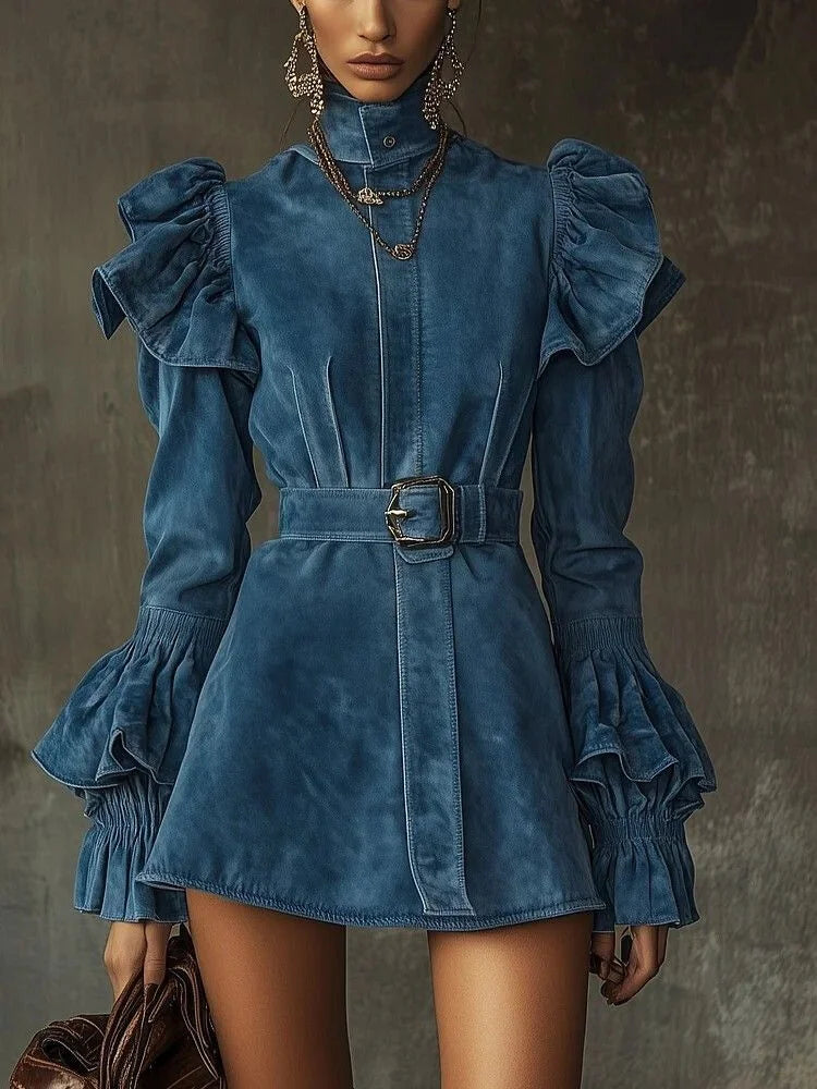 Women's Blue Suede Mini Dress – High Collar Puff Sleeve Belted A-Line Elegant Party Dress