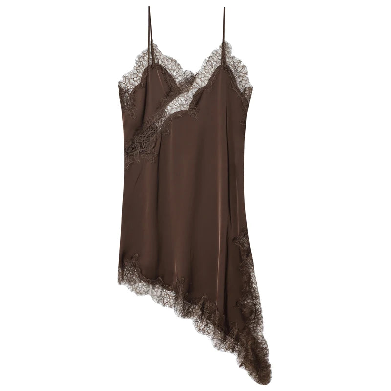 Women's Lace Asymmetric Slip Dress | Backless V-Neck Mini | Sexy Club Party Dress
