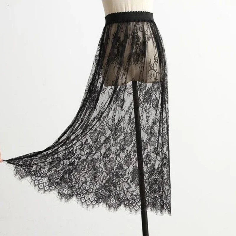 Women's Lace Mesh Tulle Mini Skirt – High Waist Transparent Floral | Korean Fashion