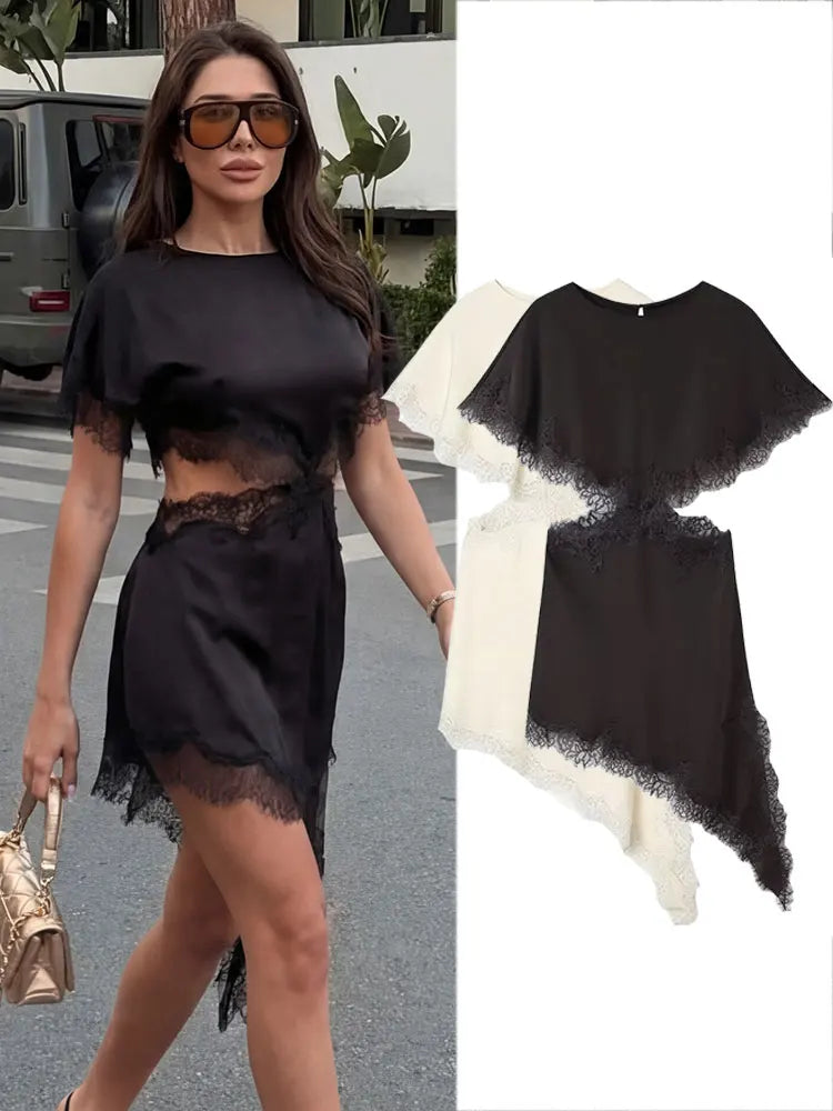 Lace Trim Cutout Asymmetrical Midi Dress – Hollow Out Cloak Sleeve | Women's Elegant Sexy Club Wear