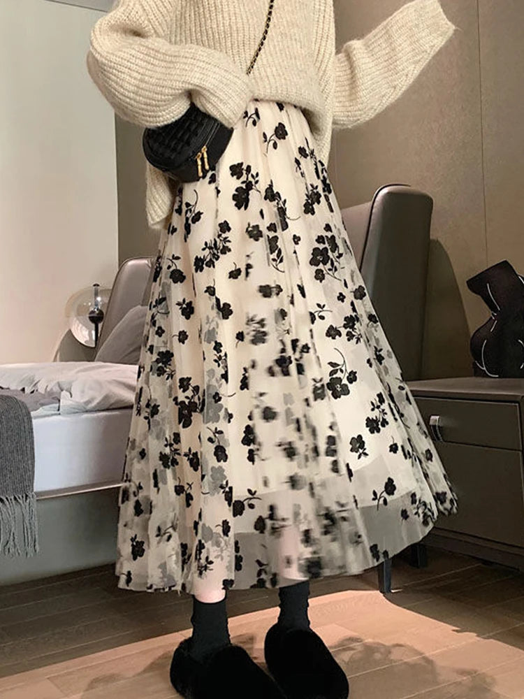 Women's Floral Lace Mesh A-Line Skirt – High Waist Big Swing Elegant Midi Skirt | Spring Summer