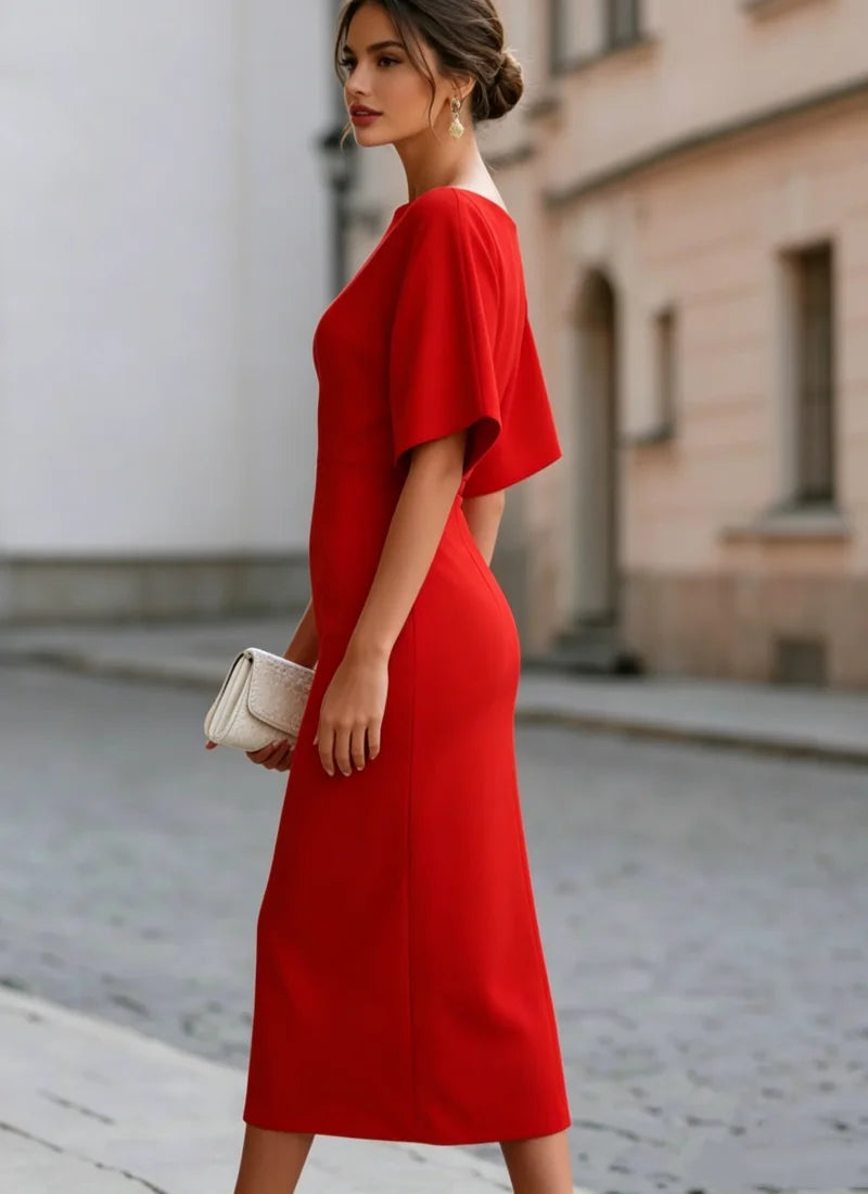 Elegant Slash Neck Midi Dress – Fitted Waist | Women's Formal & Party Wear