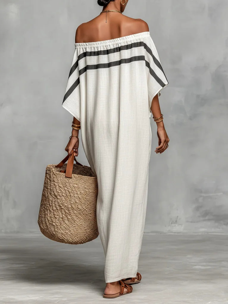 Women's Striped One-Shoulder Maxi Dress – Retro Beach Vacation Dress