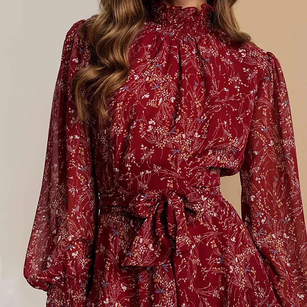 Women's Chiffon Ruffle Floral Print Mini Dress | Half Turtleneck Lace-Up A-Line | Elegant Office Style