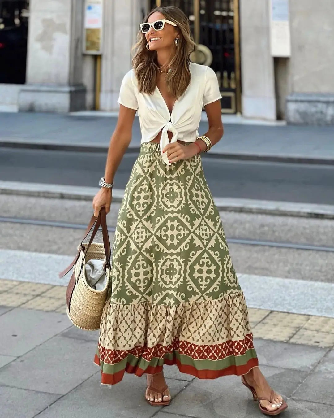 Women's Boho Chiffon Swing Midi Skirt | Elastic Waist Geometric Print | Beach & Daily Wear
