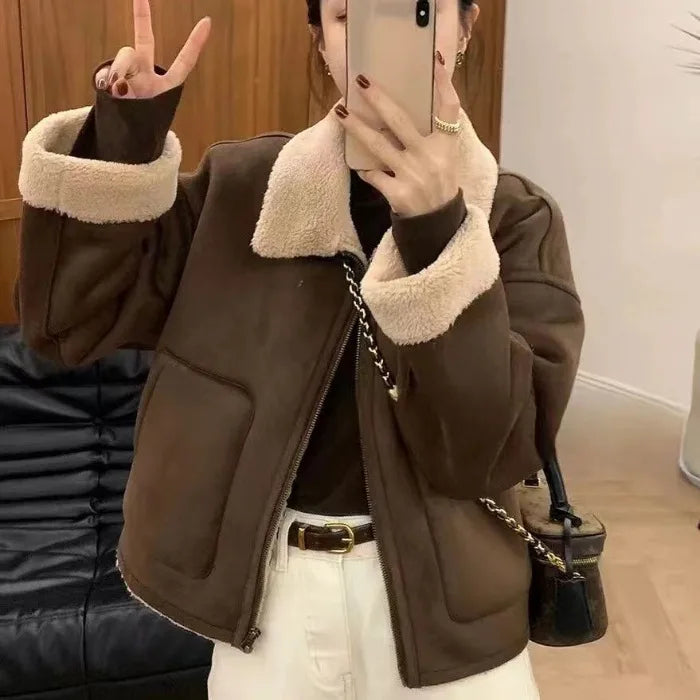 Women's Korean Lamb Fur Jacket – Retro Collared Loose Short Coat