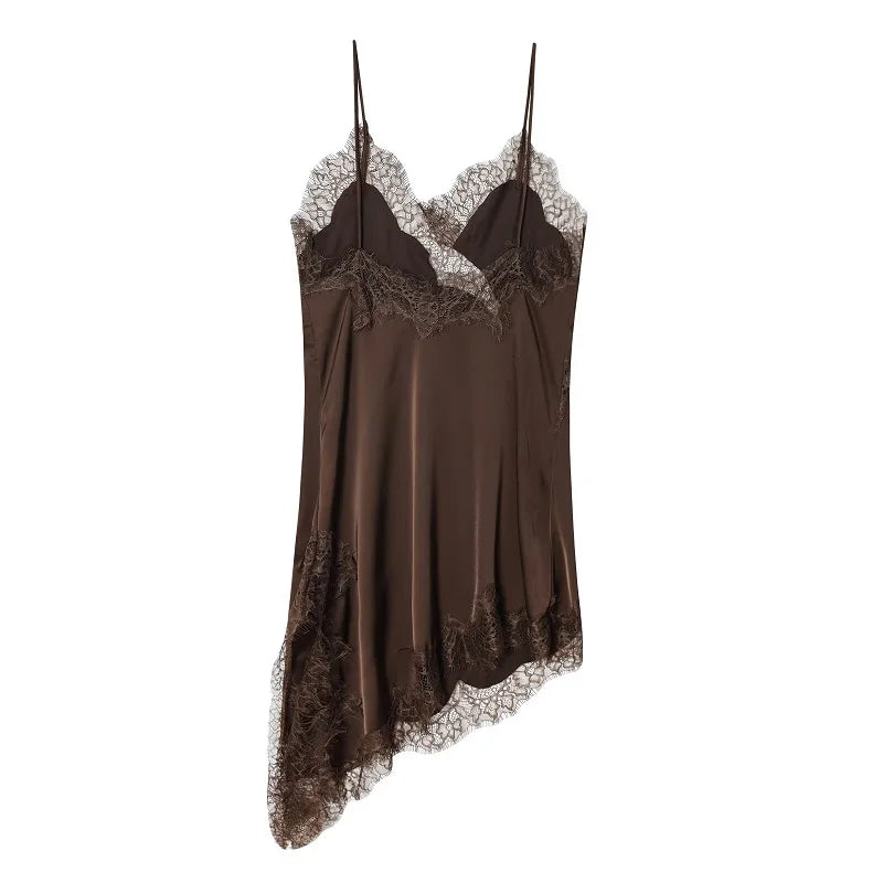 Women's Lace Slip Mini Dress – Backless Asymmetric Spaghetti Strap Party Dress