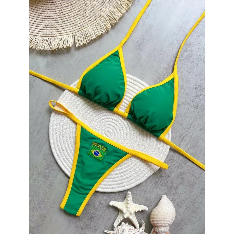 Biquíni Bordado Bandeira do Brasil Patchwork Feminino com Bojo Sem Aro Verão 2026 S M L