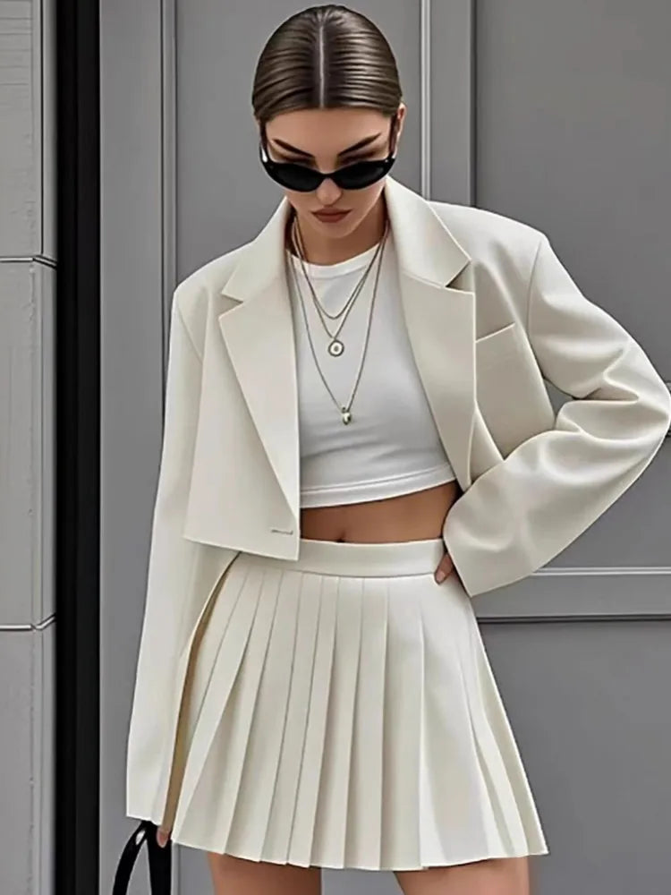 Women's Two-Piece Skirt Suit – Long Sleeve Notched Collar Top & Mini Skirt | Office Lady Spring Fashion
