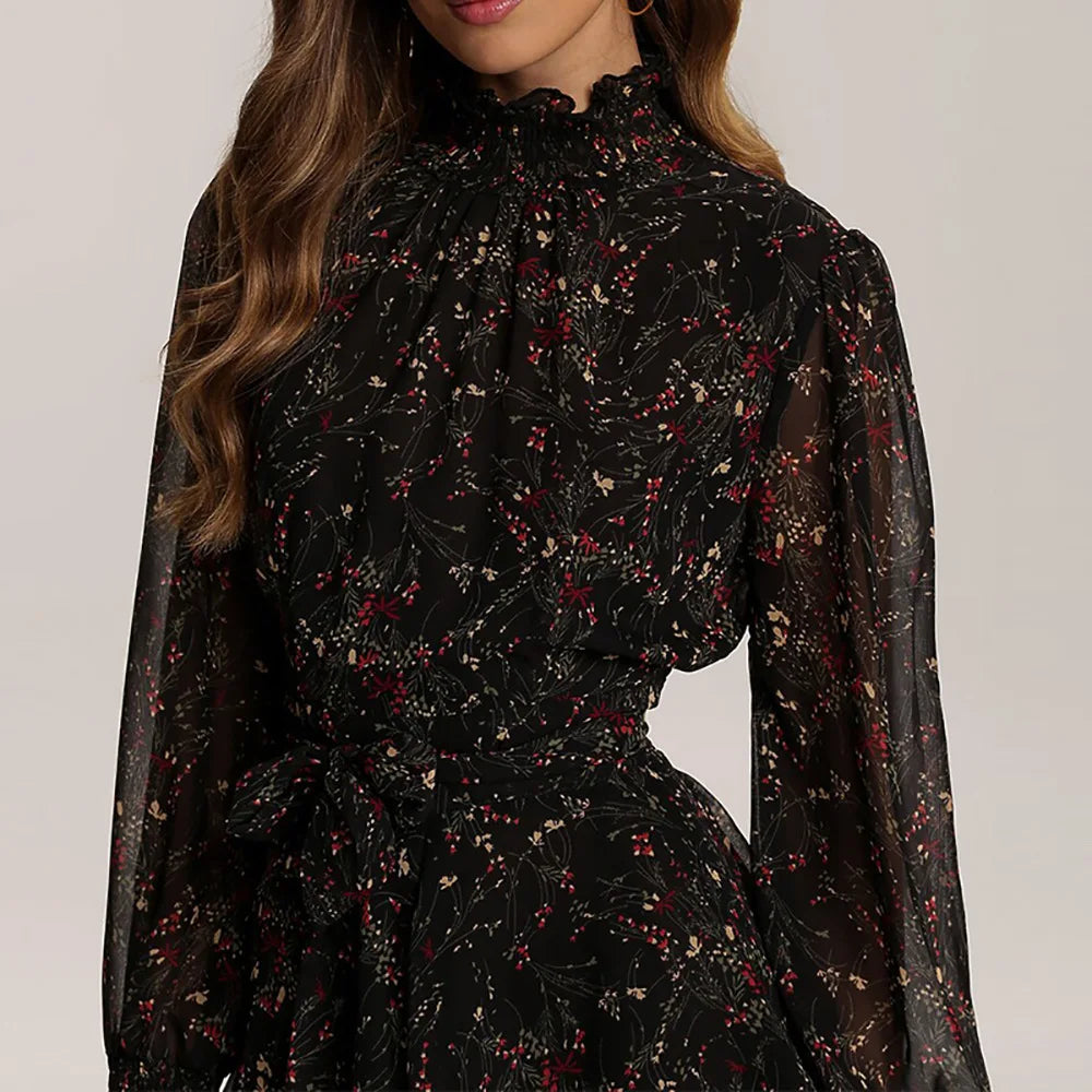 Women's Chiffon Ruffle Floral Print Mini Dress | Half Turtleneck Lace-Up A-Line | Elegant Office Style