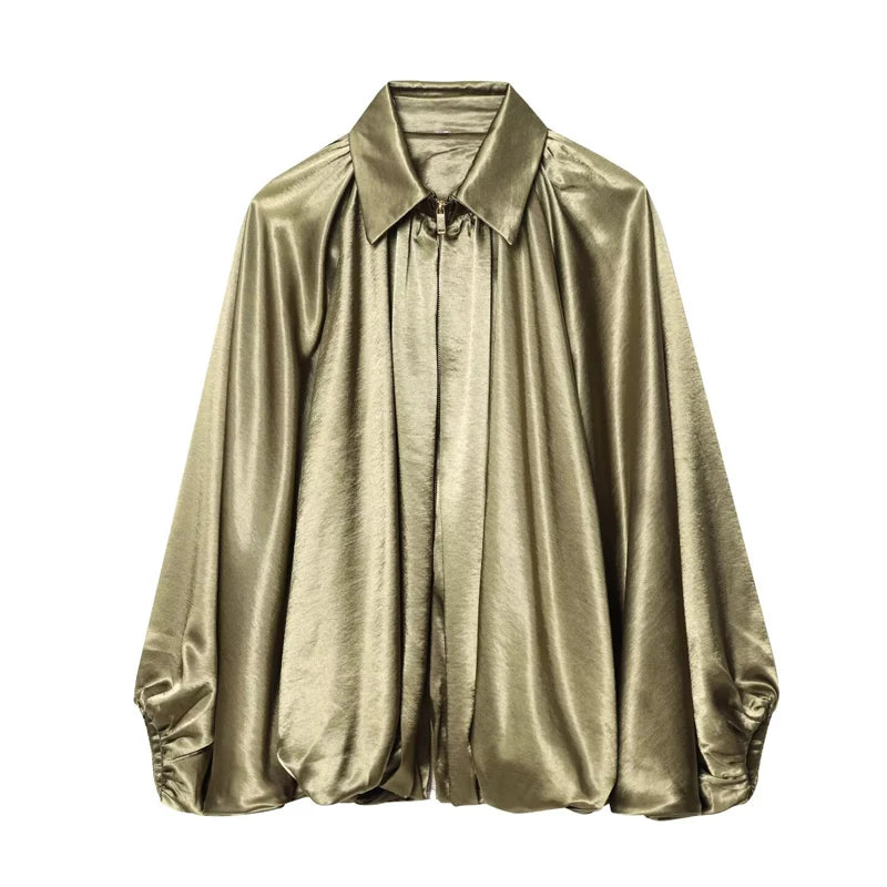 Women's Oversized Bomber Jacket | Puff Sleeve Zip-Up Streetwear Coat | Vintage Casual | Army Green & Beige