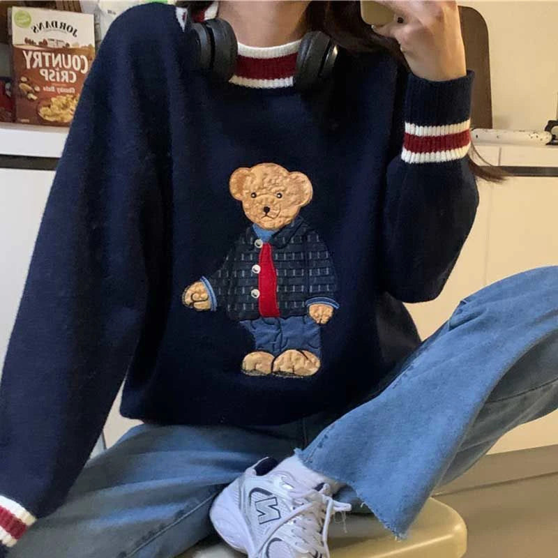 Women's Harajuku Bear Embroidery Knit Sweater | Kawaii Loose Pullover | Korean Sweet Style | Autumn Winter | GIDYQ