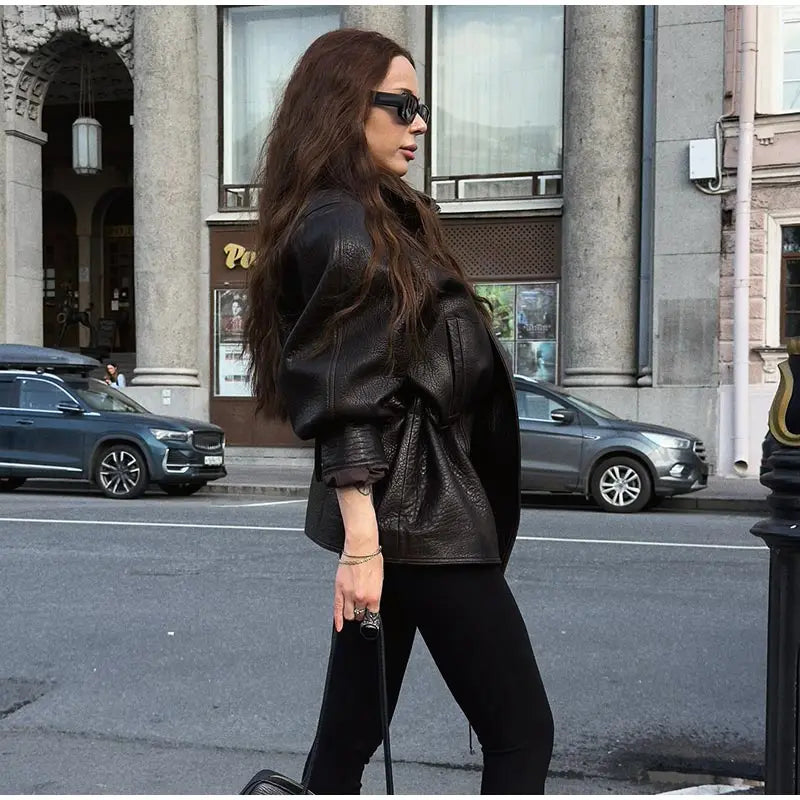 Women's Textured PU Leather Jacket | Urban Lapel Asymmetric Loose Biker Coat | Autumn Winter