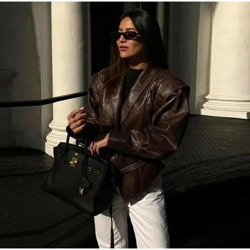 Women's Faux Leather Belted Jacket | Lapel Lace-Up Vintage High Street Coat | Autumn Winter
