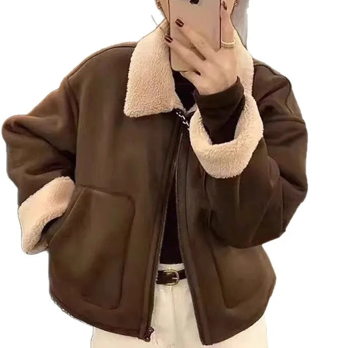 Women's Korean Lamb Fur Jacket – Retro Collared Loose Short Coat