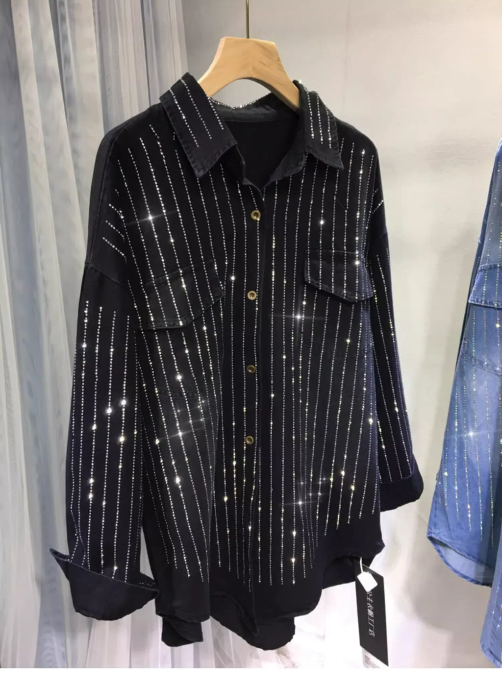 Women's Full Body Diamond Denim Shirt – Loose Casual High Street Jacket Top | Autumn Winter