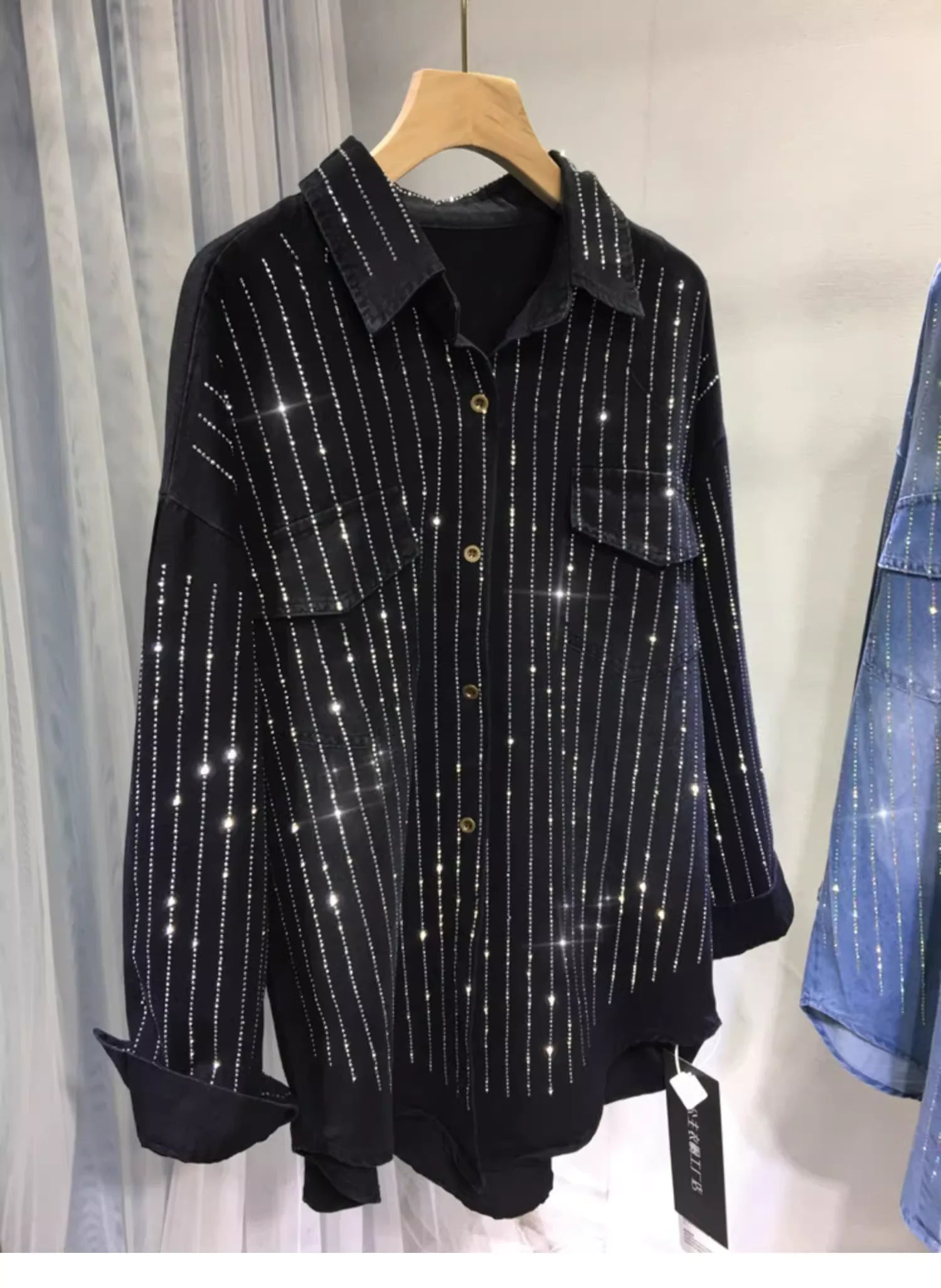 Women's Full Body Diamond Denim Shirt – Loose Casual High Street Jacket Top | Autumn Winter