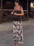 Women's Vintage Print Satin Midi Skirt – High Waist with Belt | Spring Summer Style